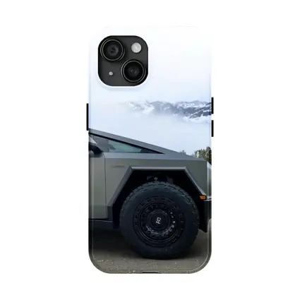 Tesla Cybertruck Parked Near Snowy Mountain Fog