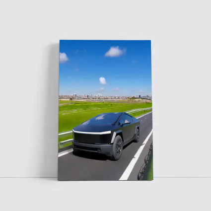 Tesla Cybertruck Black Highway City Background