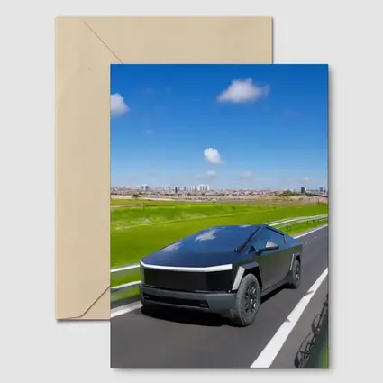 Tesla Cybertruck Black Highway City Background