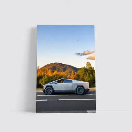 Tesla Cybertruck Driving Through Autumn Mountain Road