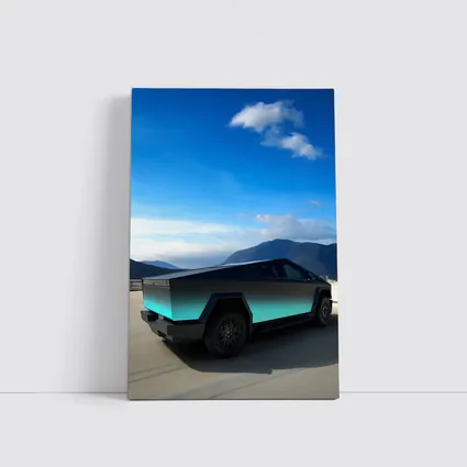 Tesla Cybertruck Teal Chrome Mountain Sky