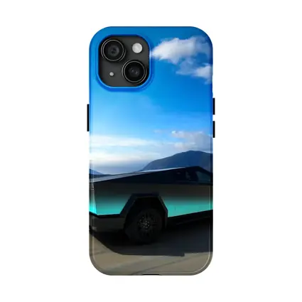 Tesla Cybertruck Teal Chrome Mountain Sky