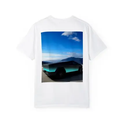 Tesla Cybertruck Teal Chrome Mountain Sky
