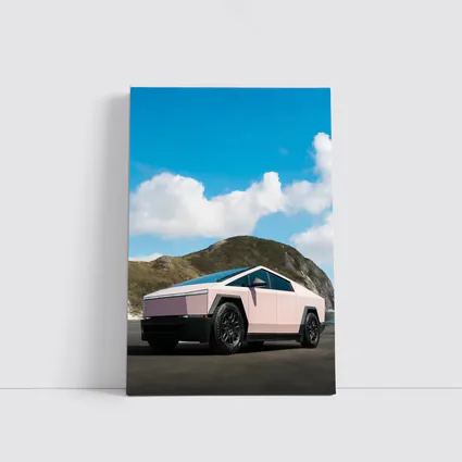 Pink Tesla Cybertruck Parked Near Mountains