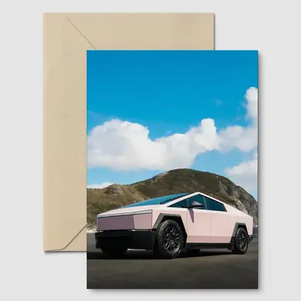 Pink Tesla Cybertruck Parked Near Mountains