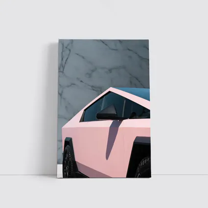 Pink Tesla Cybertruck Against Marble Wall