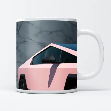 Pink Tesla Cybertruck Against Marble Wall