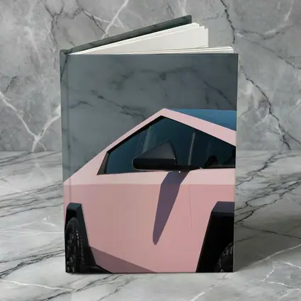 Pink Tesla Cybertruck Against Marble Wall