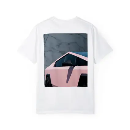Pink Tesla Cybertruck Against Marble Wall