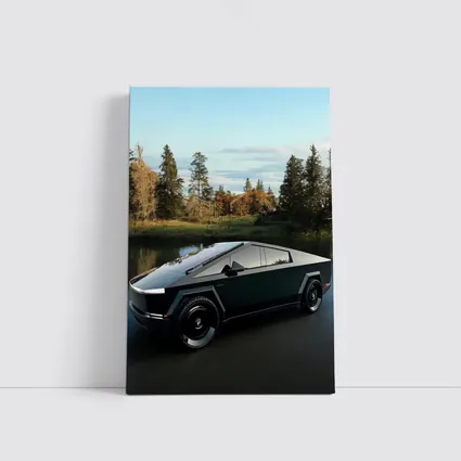 Tesla Cybertruck Parked Near Calm Lake