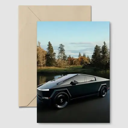 Tesla Cybertruck Parked Near Calm Lake
