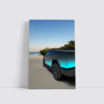 Tesla Cybertruck Teal Beach Coastal Shot