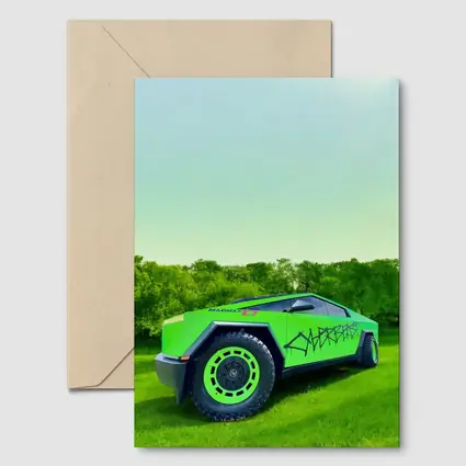 Tesla Cybertruck Green Graffiti Wrap Outdoors