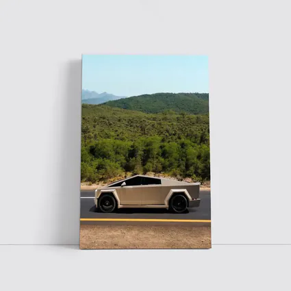 Tesla Cybertruck Silver Truck Mountain Road