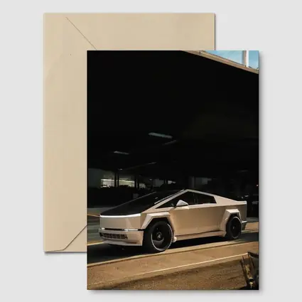 Tesla Cybertruck Parked Under Dark Overhang