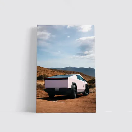Tesla Cybertruck Pink Desert Mountain Backdrop
