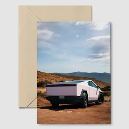 Tesla Cybertruck Pink Desert Mountain Backdrop