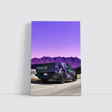 Tesla Cybertruck Purple Wrap Mountain Background