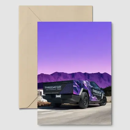 Tesla Cybertruck Purple Wrap Mountain Background