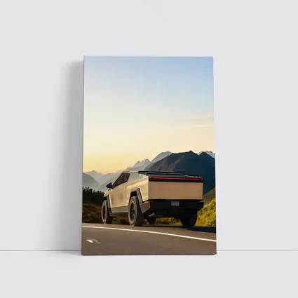 Tesla Cybertruck Parked on Mountain Road Sunset