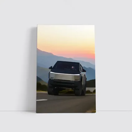Tesla Cybertruck Driving Mountain Sunset Road