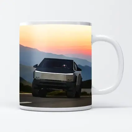 Tesla Cybertruck Driving Mountain Sunset Road