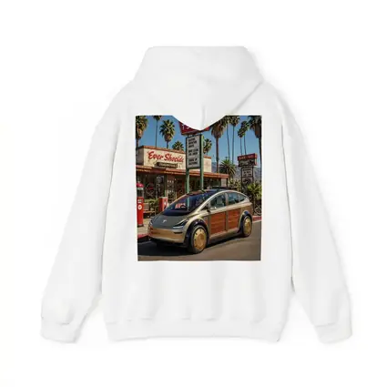 Tesla Woody Wagon Retro California Gas Station
