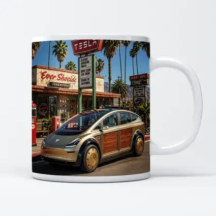 Tesla Woody Wagon Retro California Gas Station