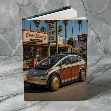 Tesla Woody Wagon Retro California Gas Station