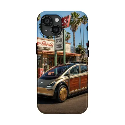 Tesla Woody Wagon Retro California Gas Station