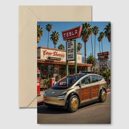 Tesla Woody Wagon Retro California Gas Station