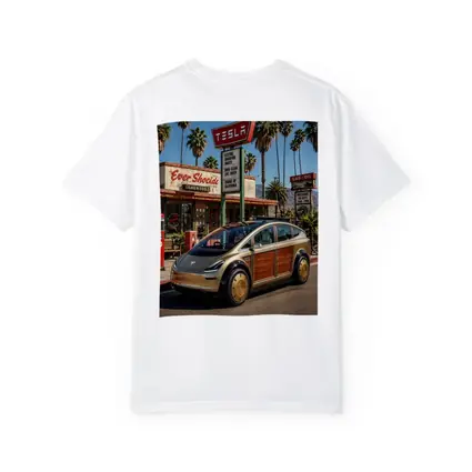 Tesla Woody Wagon Retro California Gas Station