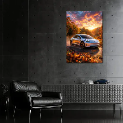 Tesla Model 3 Autumn Sunset Road Drive