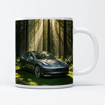 Tesla Model 3 Parked In Sunlit Forest