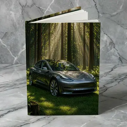 Tesla Model 3 Parked In Sunlit Forest