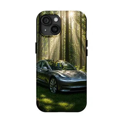 Tesla Model 3 Parked In Sunlit Forest