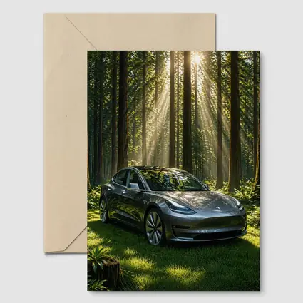 Tesla Model 3 Parked In Sunlit Forest