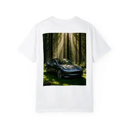 Tesla Model 3 Parked In Sunlit Forest