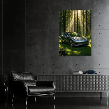Tesla Model 3 Parked In Sunlit Forest