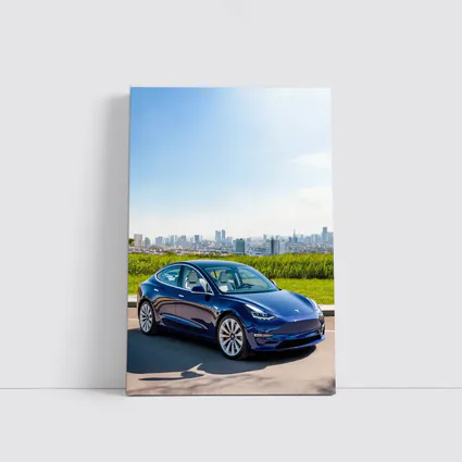 Tesla Model 3 Blue City Skyline Background