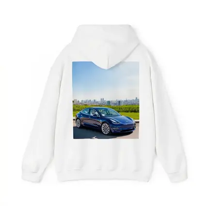 Tesla Model 3 Blue City Skyline Background