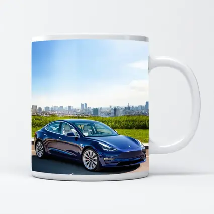 Tesla Model 3 Blue City Skyline Background