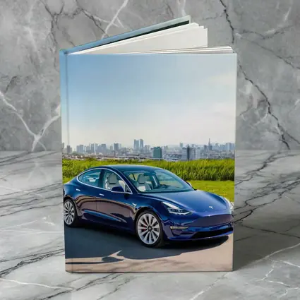 Tesla Model 3 Blue City Skyline Background