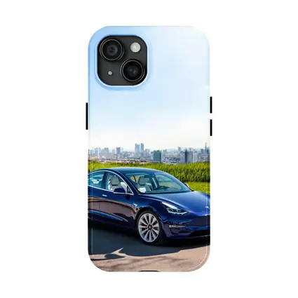 Tesla Model 3 Blue City Skyline Background