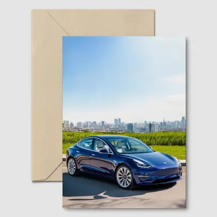 Tesla Model 3 Blue City Skyline Background