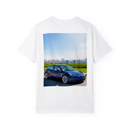 Tesla Model 3 Blue City Skyline Background