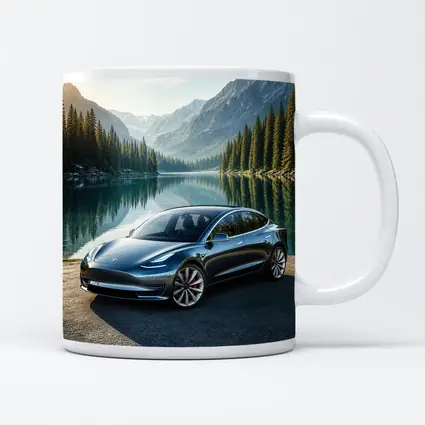 Tesla Model 3 Parked By Mountain Lake