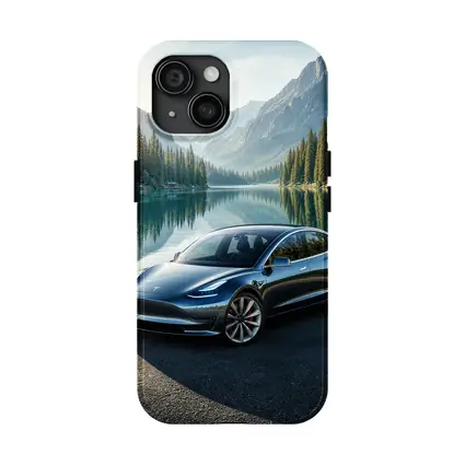 Tesla Model 3 Parked By Mountain Lake