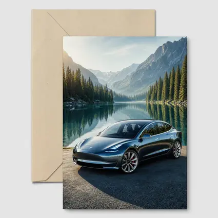 Tesla Model 3 Parked By Mountain Lake