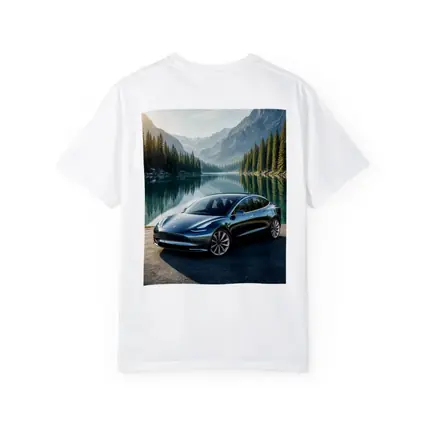 Tesla Model 3 Parked By Mountain Lake